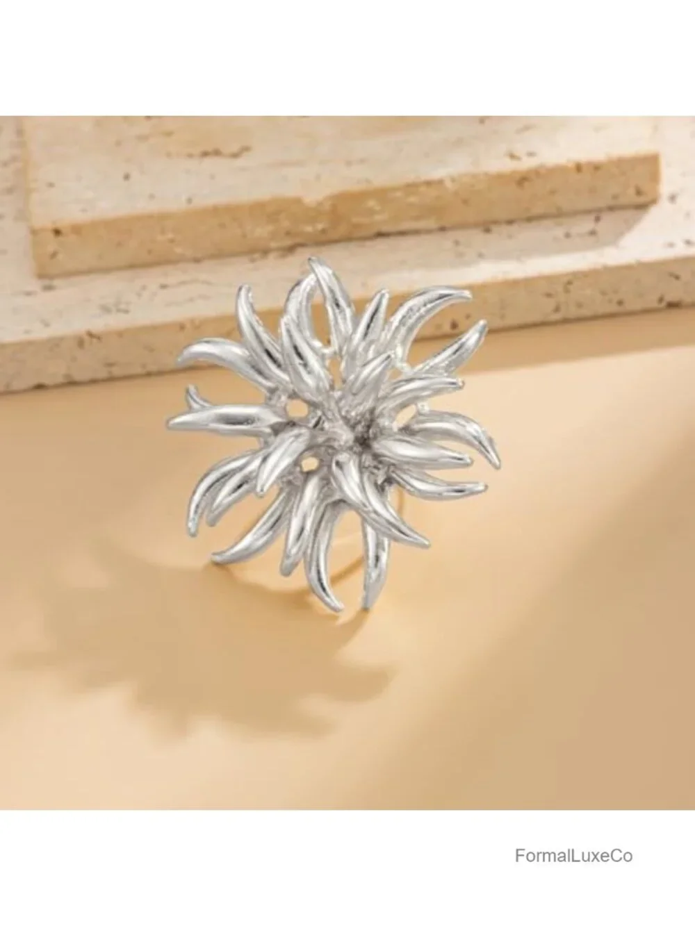 Gold Plated 3D Flower Statement Ring, Adjustable Floral Cocktail Ring for Women